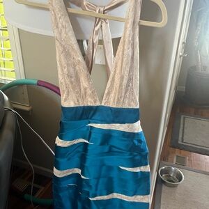 Bebe Teal and Cream Halter Dress